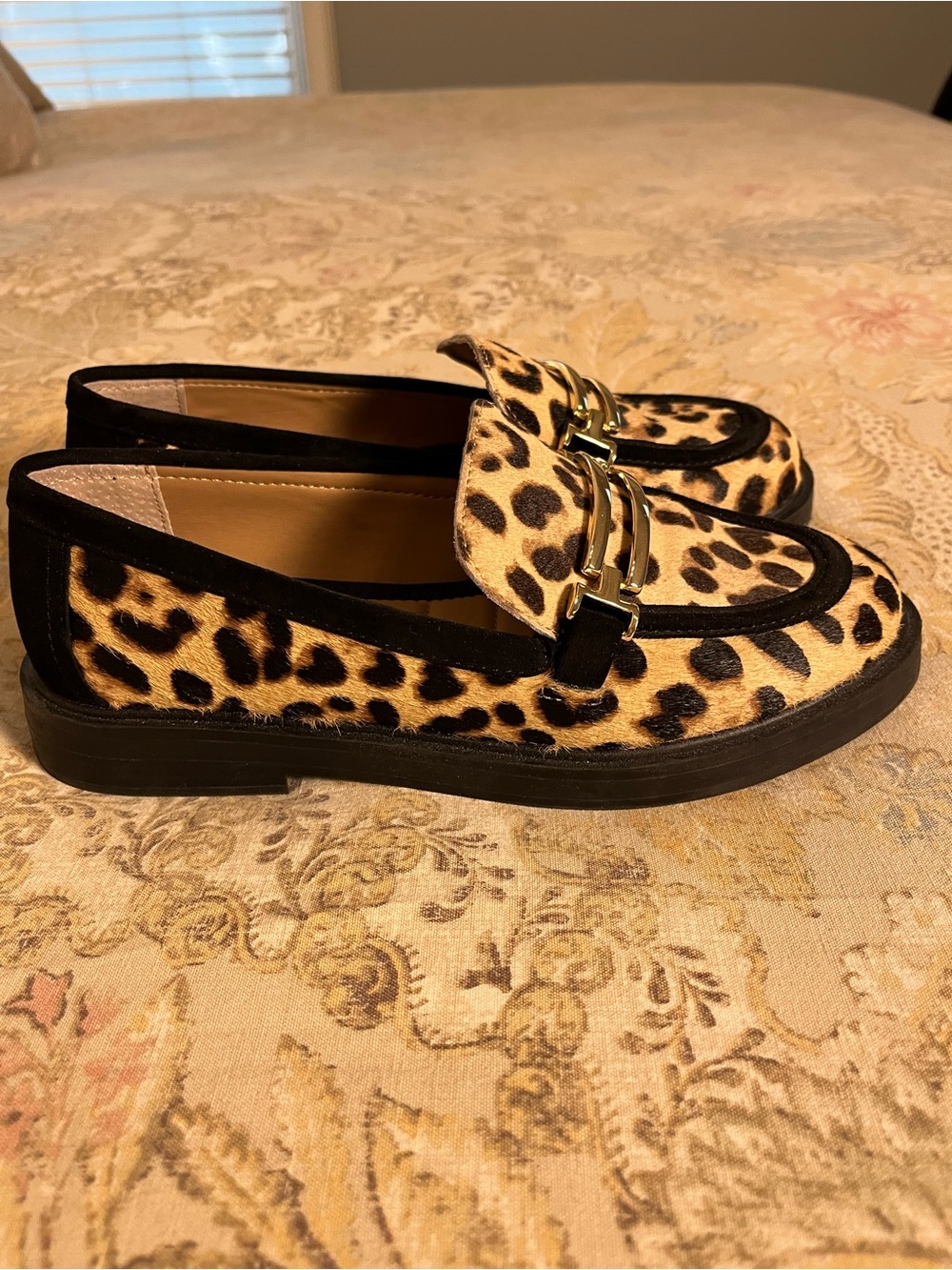 Kelly & Katie FADI Leather Upper Calf Hair Leopard Print Loafers Gold Buckle. - Picture 2 of 6